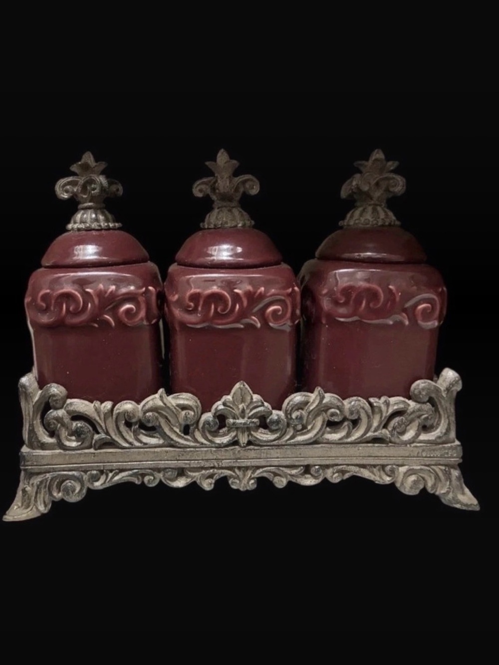 Drake Tuscan Old World Acanthus Burgundy Old World Spice Jars and Stand